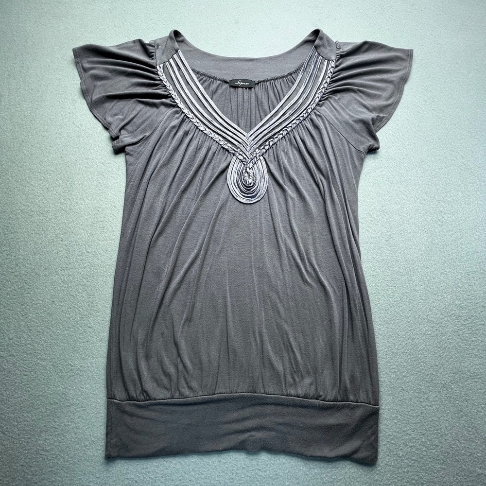 Soprano Gray Flutter Sleeve Blouse Women S Braided V-Neck Banded‎ Hem Boho Top